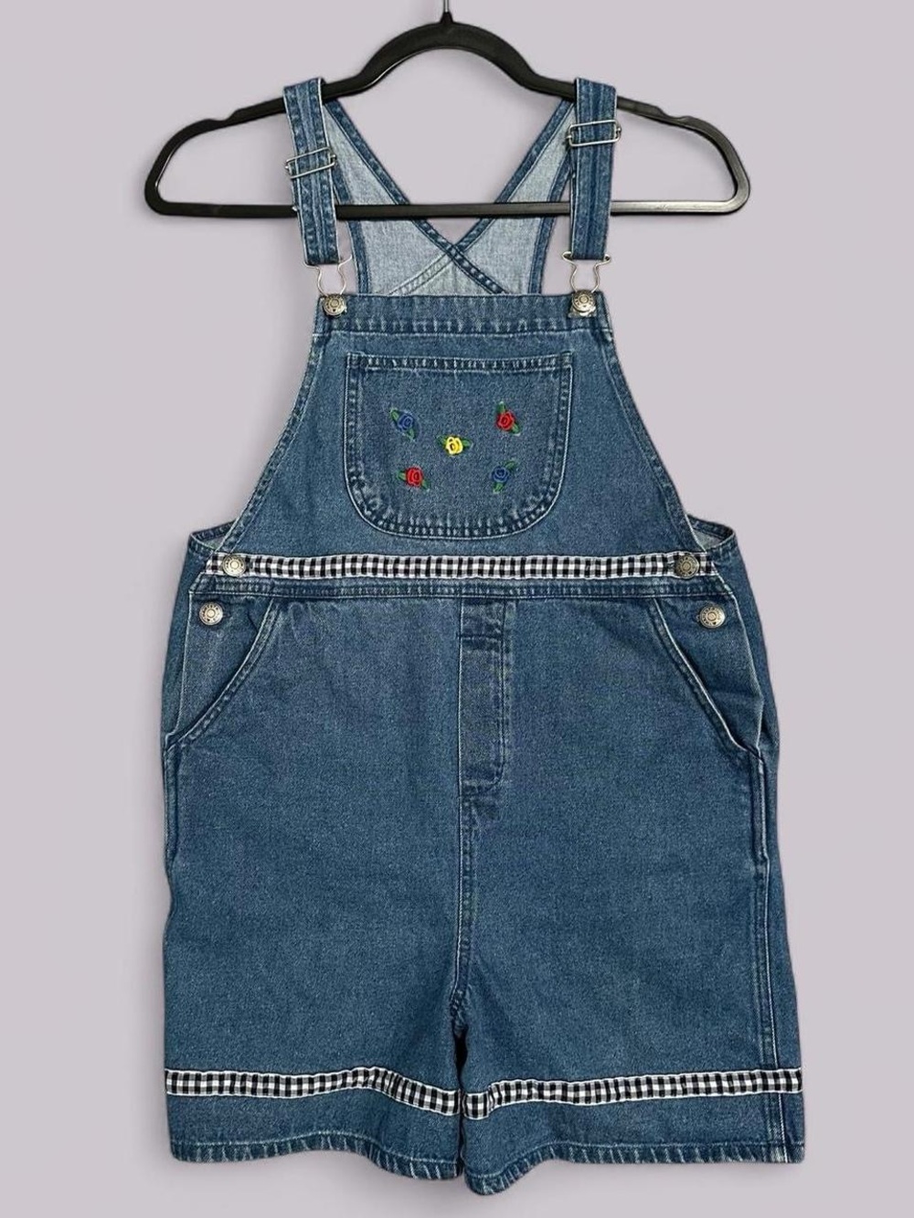 Vintage 90s Embroidered Rose Denim Overall Shorts